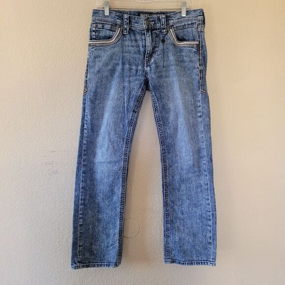 Affliction Jeans Mens 30x30 Blue Blake Straight Embroidered Y2K Button Pockets - Picture 2 of 10